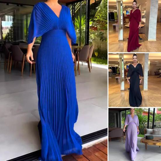 Женское платье для гостьи на свадьбу, платье из шифона с завышенной талией и V-образным вырезом, рукавами «летучая мышь», струящееся, А-силуэта, плиссированное, макси