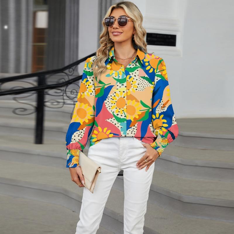 Весенне-осенняя женская рубашка с лацканами, свободный топ с длинными рукавами и принтом