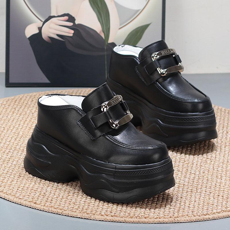 Fashion 12CM Leather Platform Wedge Slippers Round Toe Breathable Slip On Pumps Synthetic Mary Jane Flats Fashion Shoes