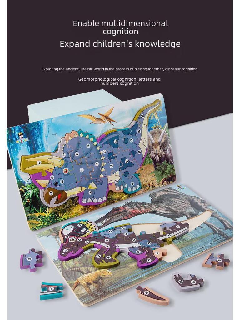 Children's 3D Wooden Dinosaur Puzzle: Number & Letter Educational Toy for Ages 3-6