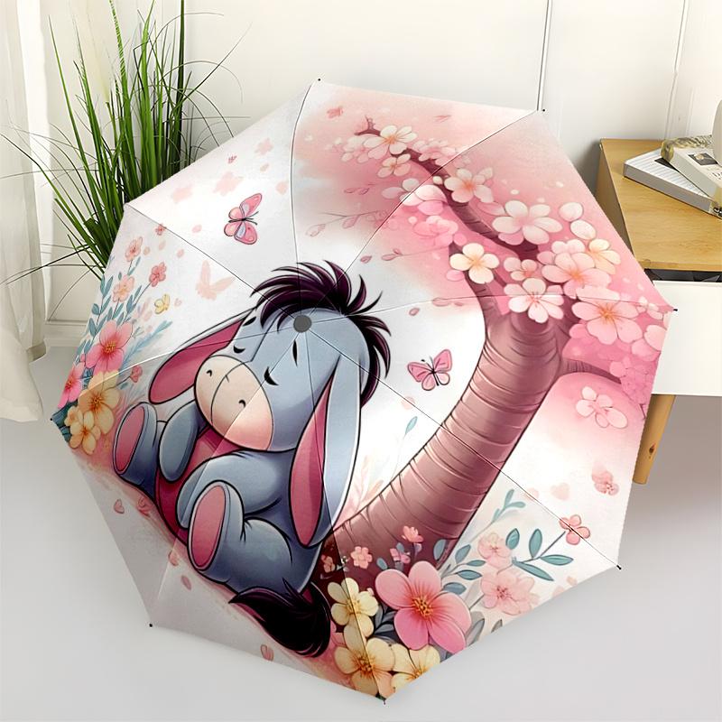 1pc Cherry Blossoms Butterflies Eeyore's Pattern Beautiful Looking Automatic Folding Umbrella, 3 Folding, 8 Iron Frame Design, Durable and S