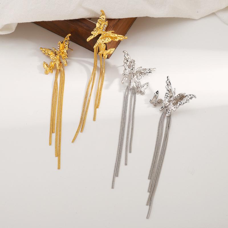 New Metal Tassel Drop Earrings for Women Double Butterfly Long Dangle Earrings Fashion Temperament Party Birthday Jewelry Gifts