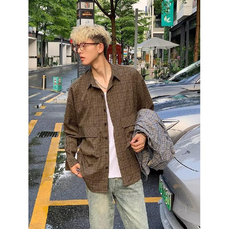 Рубашка в японском стиле в стиле ретро с большим карманом, с длинными рукавами, для мужчин и женщин, винтажная, с несколькими карманами, контрастного цвета, для пары, рубашка, пальто