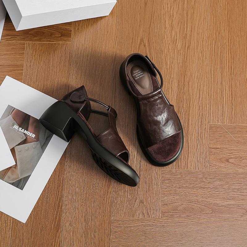 Soft Leather Edition~ French Retro Platform Heel Soft Leather Sandals Women's Summer Simple Velcro Commuter Open-toed Roman Shoes