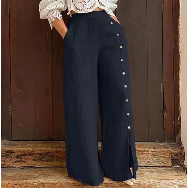 Womens Casual High Waist Wide Leg Pants Solid Color Button Pocket Design 2025 Fall