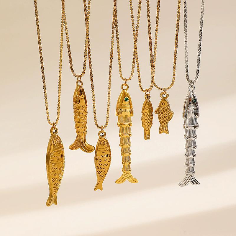 Stainless Steel Metal Fish Necklace for Men Women Gold Plated Fish Pendant Necklace Creative Ocean Beach Chain Choker Jewelry