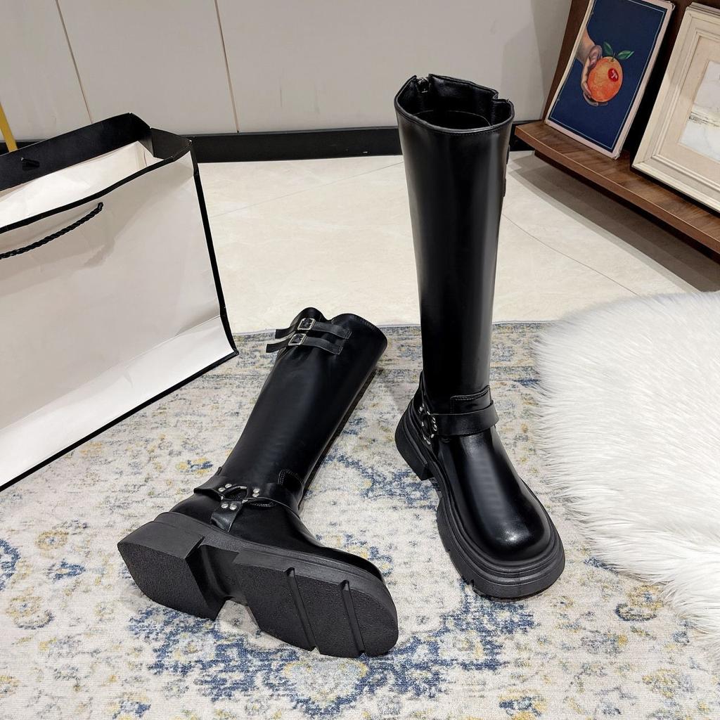 Thick-soled Small High Boots Women's 2025 Autumn and Winter New Retro But Knee Belt Buckle Women's Martin Boots