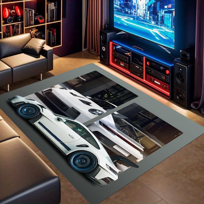 White Widebody Supercar Multi‑Shot Split Print Area Rug Non‑Slip Rectangular Floor Mat Auto Fan Decor for Gaming Bedroom Living Room