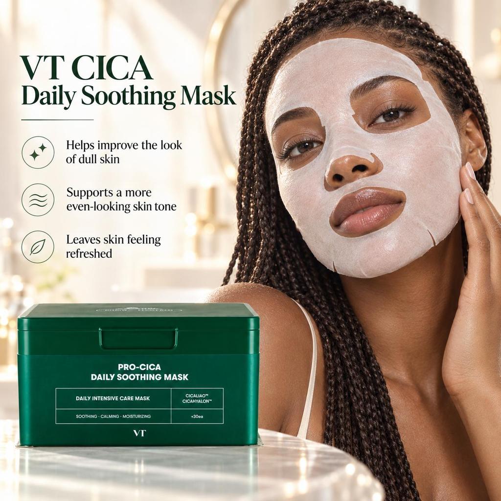VT CICA Daily Soothing Mask 30 шт. Тканевая маска, Уход от прыщей ( Ежедневное успокаивающее / жизненно важное значение / коллаген / Reti-A