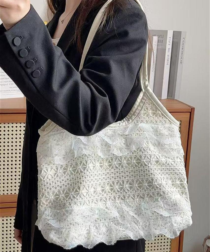 Lace Flowers Women Shoulder Bag Thin Polyester Ladies Shopping Handbags Solid Color Girs Book Bags Casual Female Travel Tote