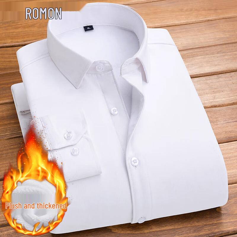 ROMON Men's Fleece-Lined Striped Long-Sleeve Business Casual Shirt