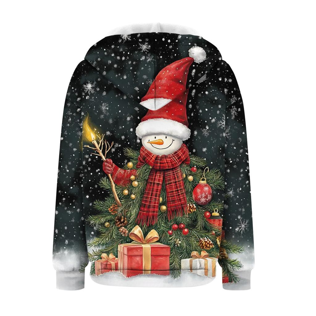 Женская рождественская печатная толстовка осень-зима с длинным рукавом кардиган куртка с карманами на молнии толстовка с капюшоном верхняя одежда