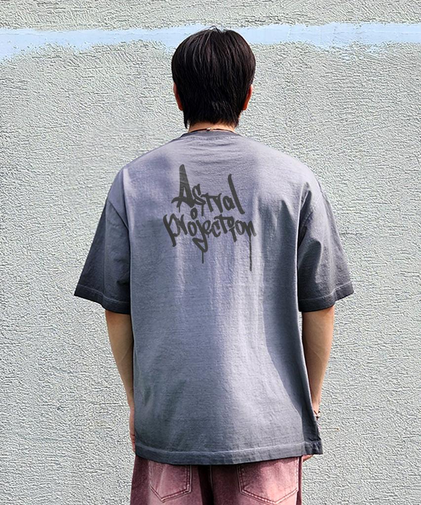 ASTRAL PROJECTION Pen Graffiti Lettering Pigment Loose Fit Short Sleeve T-Shirt_Gray