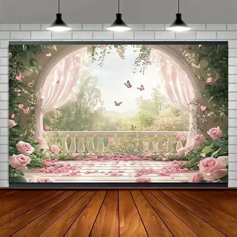 Pink Rose Balcony Tapestry, Romantic Floral Butterfly Background Cloth, Wedding Party Backdrop