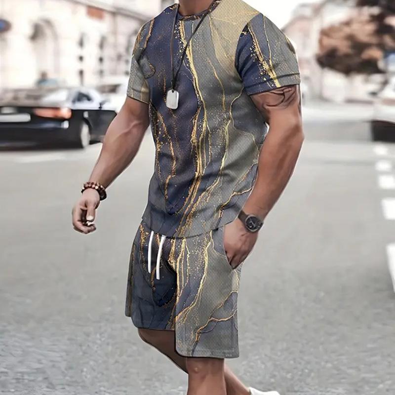 Line Splicing 3D Print T-Shirts Shorts Sets Men's Tracksuits Summer Oversized Short Sleeve T Shirt Pants Set Man Suits Clothing