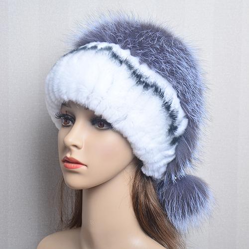 New Lady Winter Warm Natural Rex Rabbit Fur Hat Women Elastic Soft Handmade Knitted Real Fur Cap Fox Fur Beanies Hats