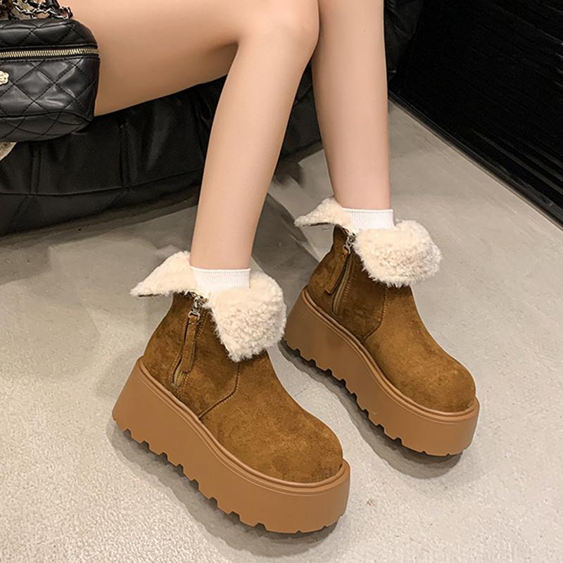 Ботильоны женские на меховой платформе, замшевые короткие, плюшевые, на среднем каблуке, хлопковые туфли, тренд 2025 года, теплые, удобные, на молнии, зимние ботинки для женщин
