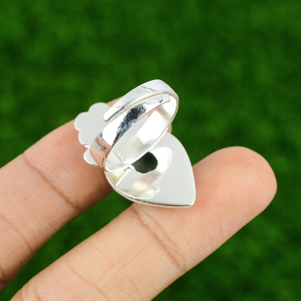 Gift For Her 925 Silver Natural Larimar Gemstone Promise Flower Adjustable Ring