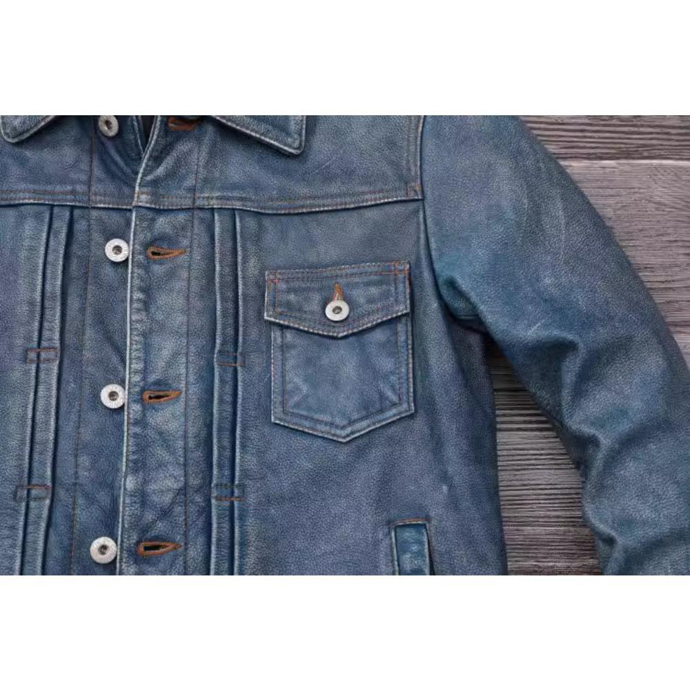 Китайский размер винтажная синяя натуральная кожаная куртка мужская 506 стиль Slim Fit короткая воловья кожа мужское кожаное пальто осень