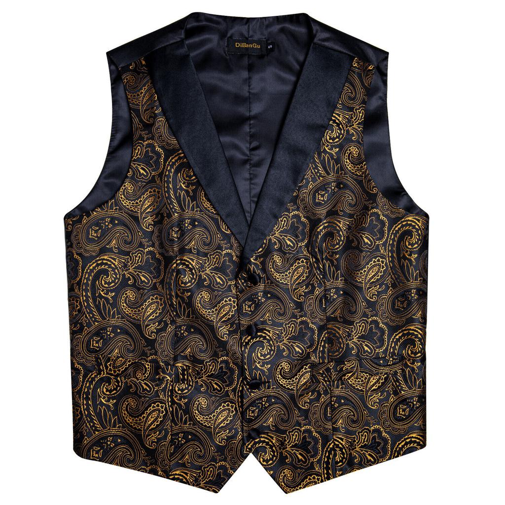 Dibangu Silk Suit Vest for Men Black Gold Jacquare Waistcoat Necktie Hanky Cufflinks 4pc