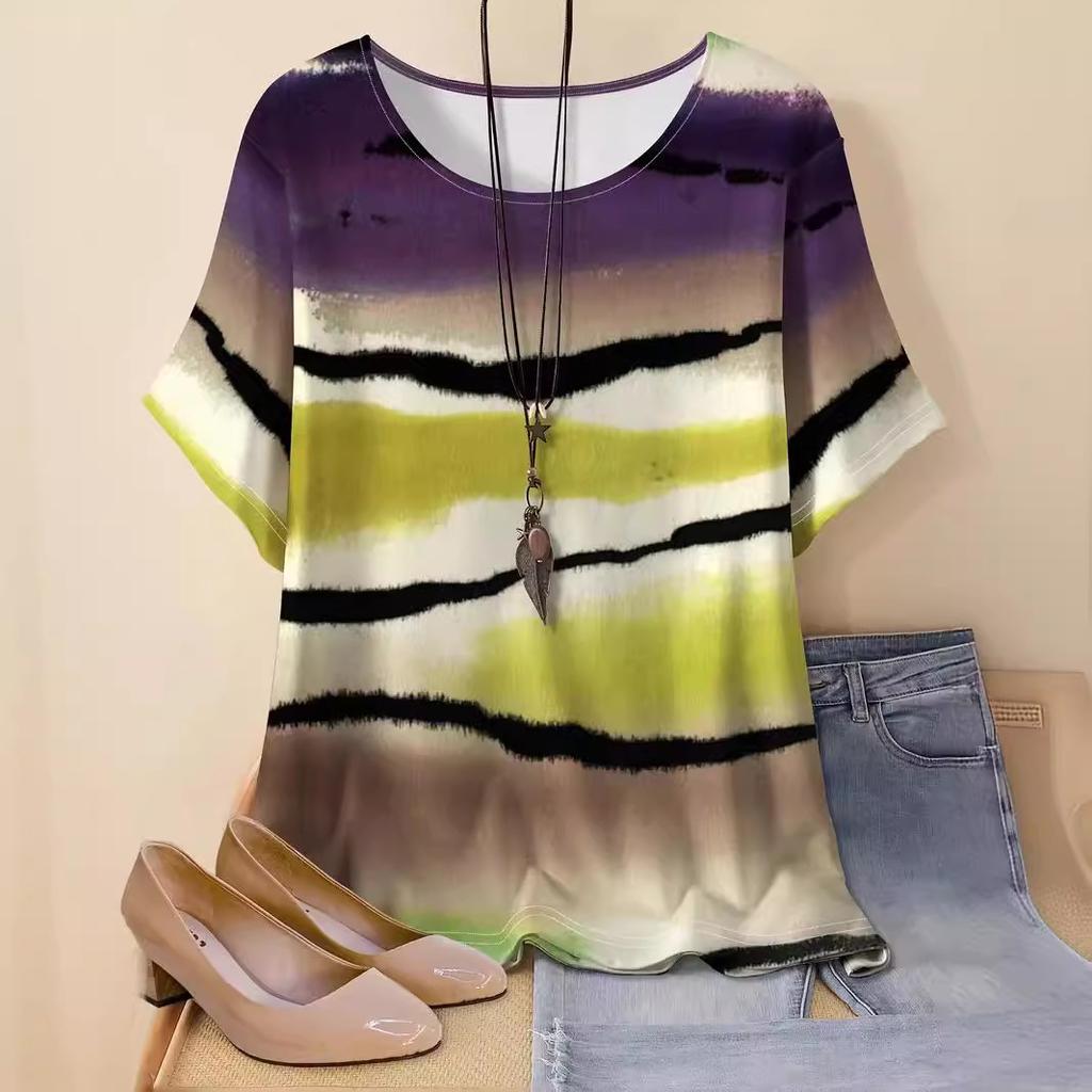 Плюс размер Лето Новый Модный Свободный 3D Печатный Полосатый Топ Для Похудения Футболка С Короткими Рукавами