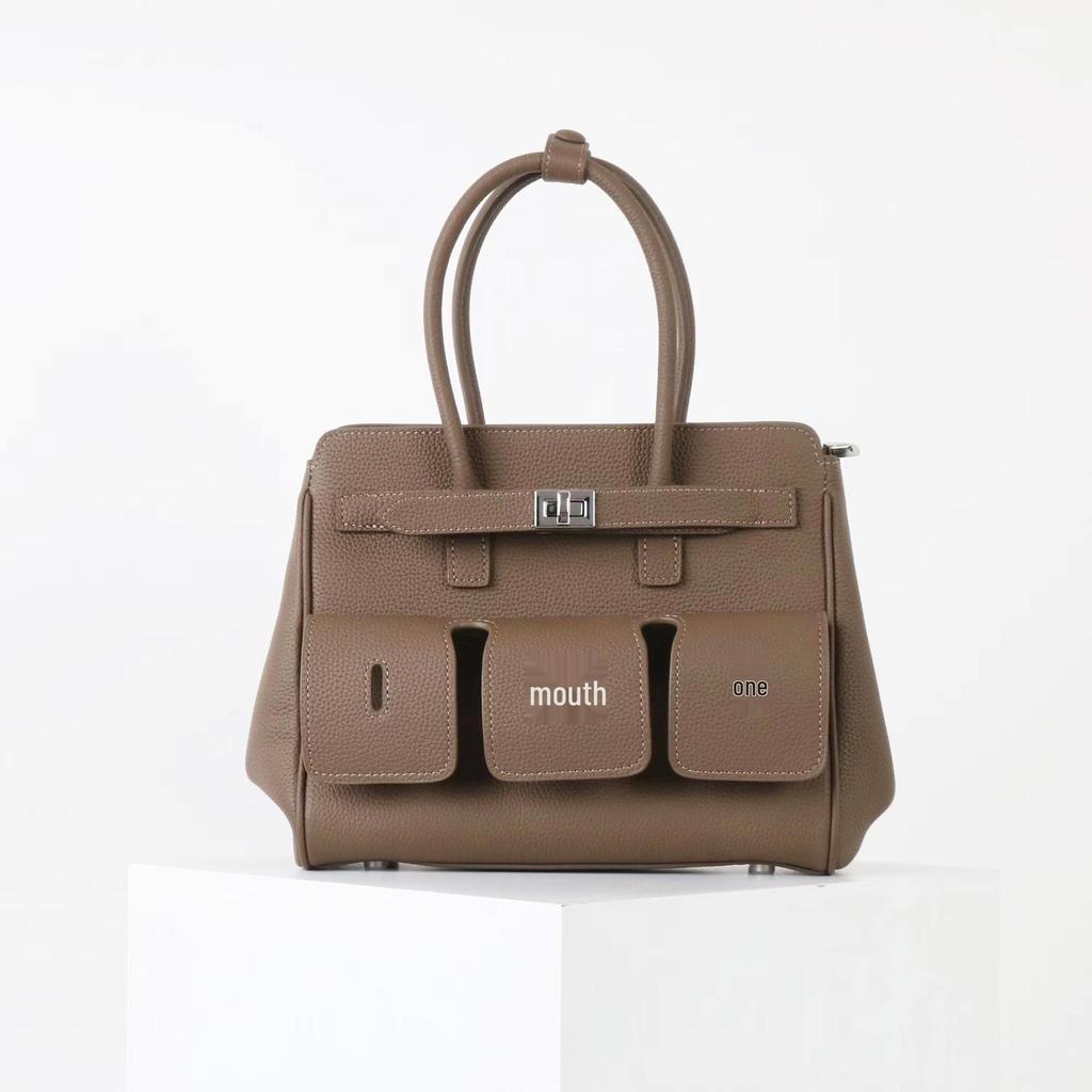 Women's Biker Genuine Leather Multi-Pocket Tote with Dark Square Buckle