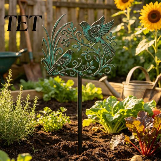 Unique Garden Accent Metal Bird Stake, Weather Resistant Iron Yard Art Ornament, Rust Proof Lawn Decoration Retro Patina Finish Sign for Outdoor Decor