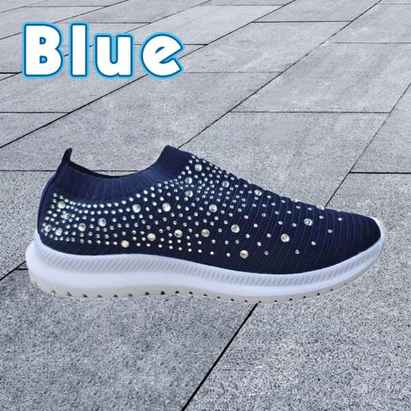 Fashionable Women's Lightweight Breathable Mesh Elastic Casual Shoes Striped Rainbow Rhinestone Shoes