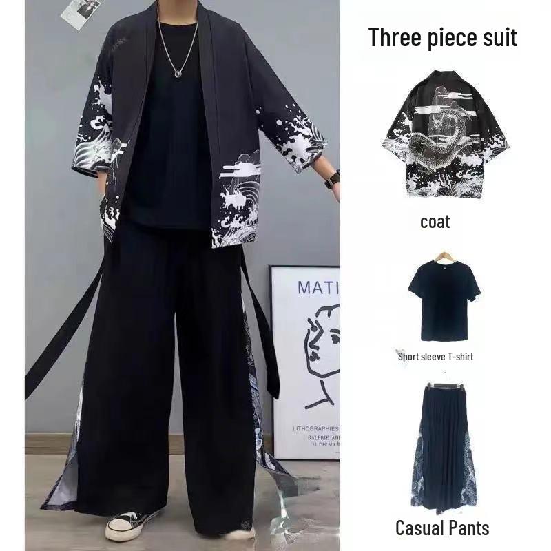 Men's Chinese Style Ice Silk Taoist Robe: Trendy Three-Piece Hanfu Tang Suit for Summer