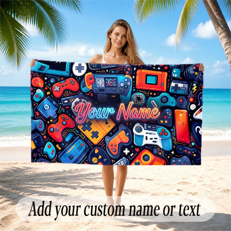Game Controller Theme Beach Towel Personalized Custom Name & Text Soft Quick Dry Beach Towel for Swimming Travel