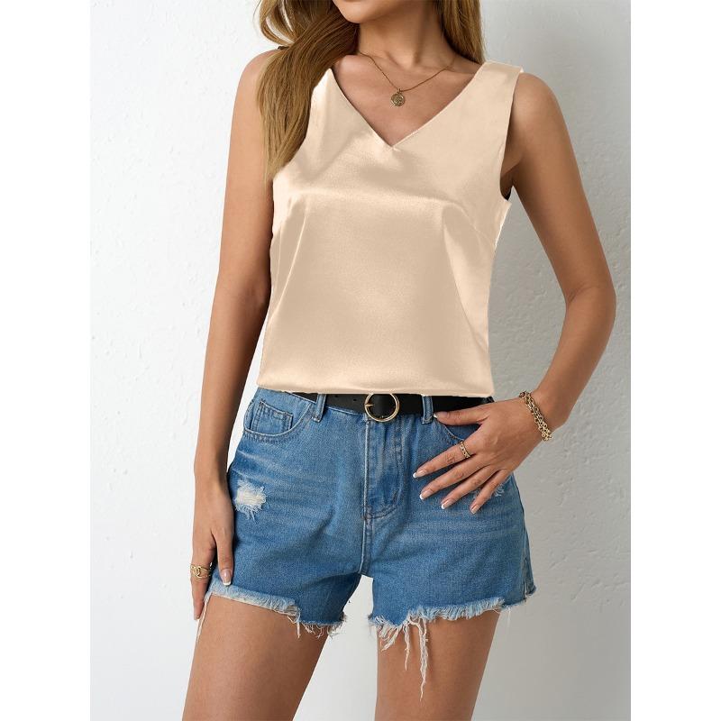 Women's Spring Summer Satin Vest V-neck Casual Halter Vest Sleeveless Shirt