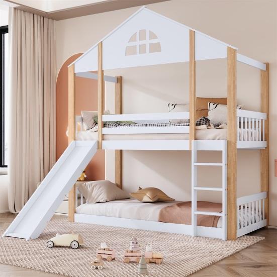 Bunk Bed with Fence Anti-fall Device Characteristic Windows Ladder Wood Frame Family Loft Bed Home