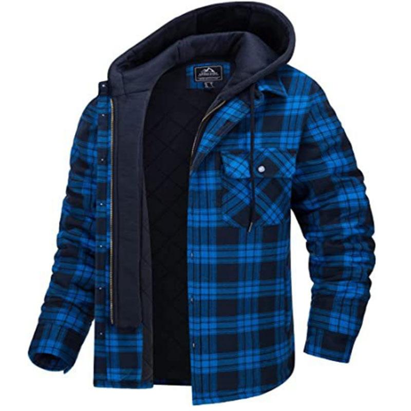 Men's Flannel Shirt Jacket with Removable Hood Plaid Quilted Lined Winter Coats Thick Hoodie Outwear Man Fleece Shirts