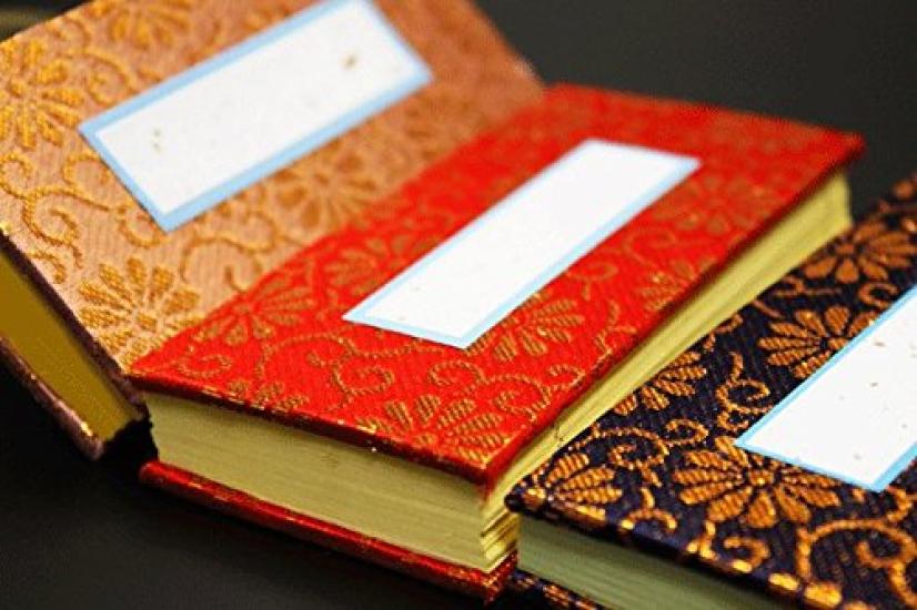 Kyoto Butsudan Hayashi Buddhist Altar Accessories: Past Record Stand, Gold Brocade (Navy) and Modern Rosewood Display Stand Set, 5 inches [Buddhist