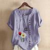Женская мода с цветочным принтом, круглым вырезом и коротким рукавом, повседневная хлопково-льняная рубашка с рисунком, свободная летняя блузка для отдыха, топы