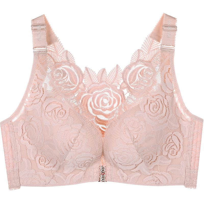 Gathered Adjustable Wire-Free Front-Hook Plus Size Bra with Large Cup and Rose Beautiful Back Lace Sexy Lingerie