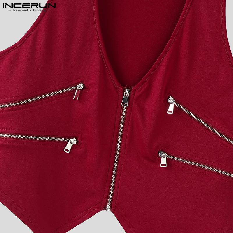 INCERUN Мужские топы-майки без рукавов с глубоким V-образным вырезом на молнии, асимметричные, повседневные