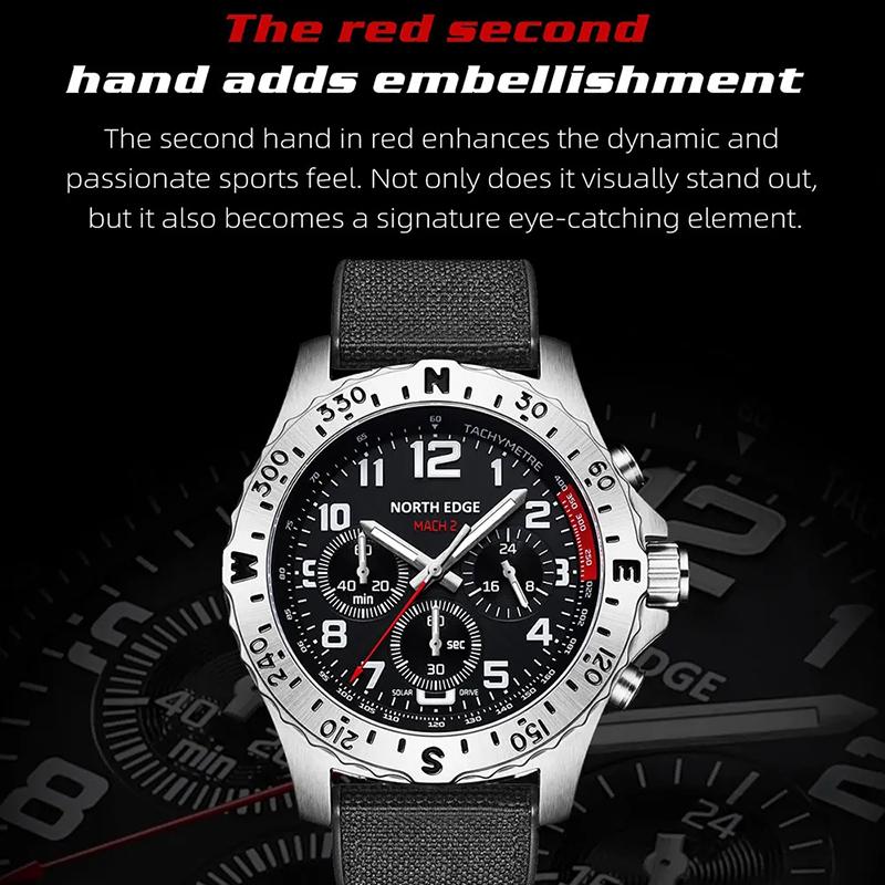 NORTH EDGE 2024 MACH 2 мужские часы на солнечной энергии 316 корпус из нержавеющей стали кварцевые часы для мужчин пилот водонепроницаемый 50M секундомер