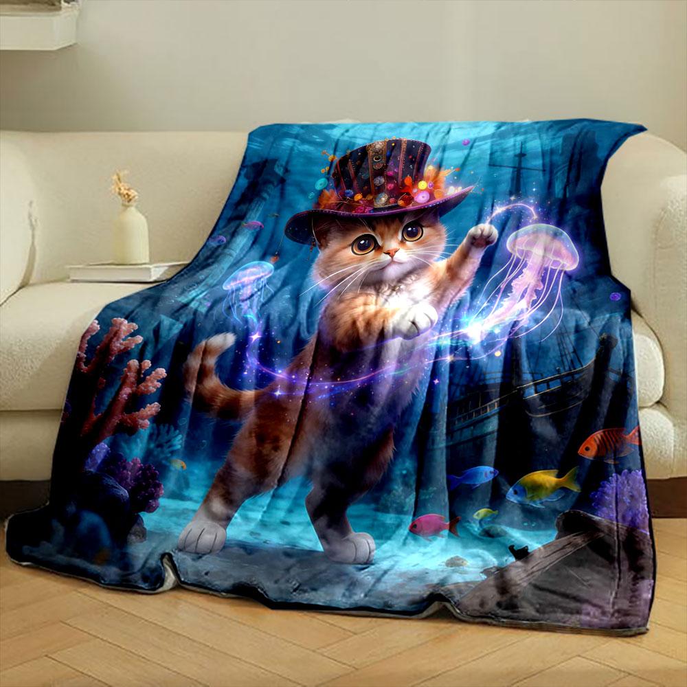 Multi-Sizes Cute Tabby Cat Print Blanket Flannel Soft Comfort Home Travel Blanket Kids Warm Blanket Picnic Luxury Gifts