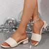 Модные блестящие сандалии на толстом каблуке с пайетками для женщин 2025 летняя мода квадратный носок женские шлепанцы большой размер 42 комфортные уличные шлепанцы