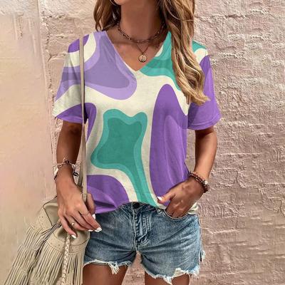 Модная и простая летняя футболка свободного покроя с геометрическим узором, женская футболка с V-образным вырезом