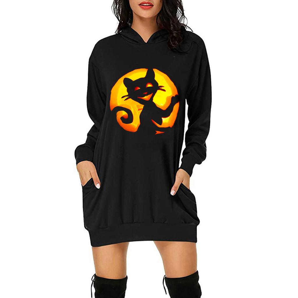 Women Casual Fashion Loose Plus Size Halloween Print Long-Sleeve Blouse Dress
