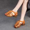 Johnature Genuine Leather Hand Woven Breathable Sandals Retro Round Toe Low Heel Women's Shoes