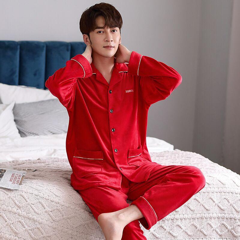 Осень И Зима Островной Вельвет Большой Красный Парный Комплект Пижам Женский Теплый И Вельветовый Свадебный Праздничный Домашний Костюм Мужской Костюм