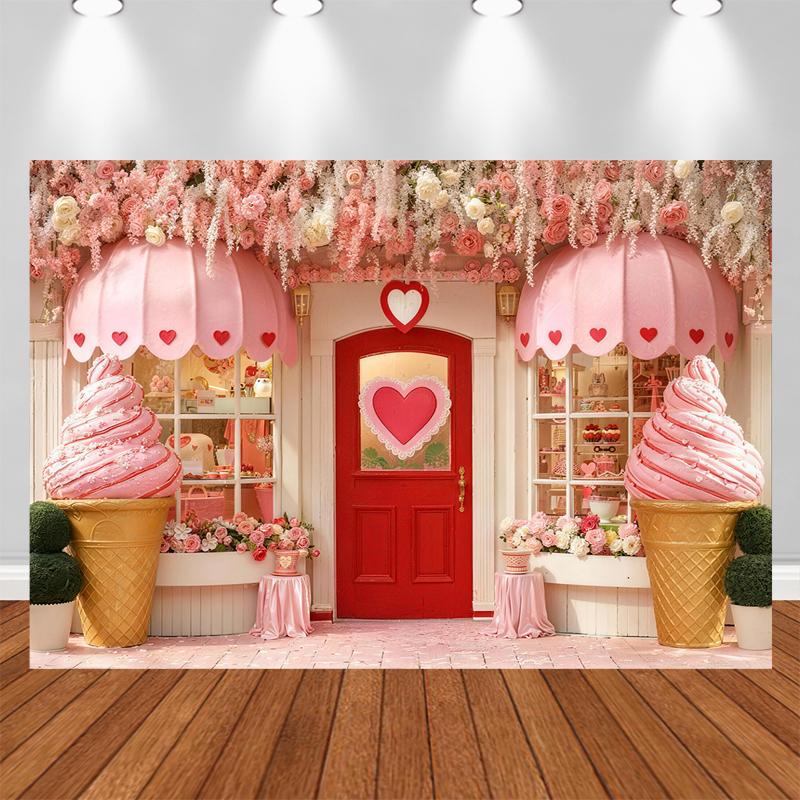 Photography Backgrounds Pink Valentine Day Dessert Shop Floral Ice Cream Decor Birthday Cake Smash Kids Portrait Photo Backdrop