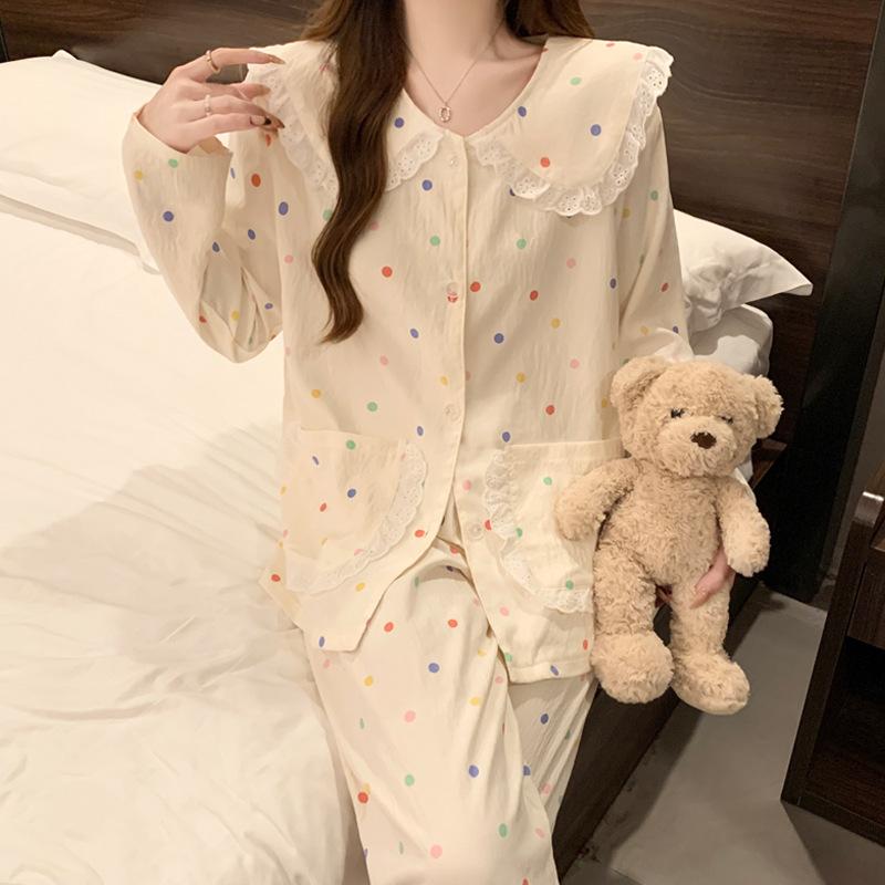 Пижама женская с длинным рукавом и воротником-куклой, весенне-осенняя, новый цвет, в горошек, простая, из облачного хлопка, для дома, комплект из двух предметов