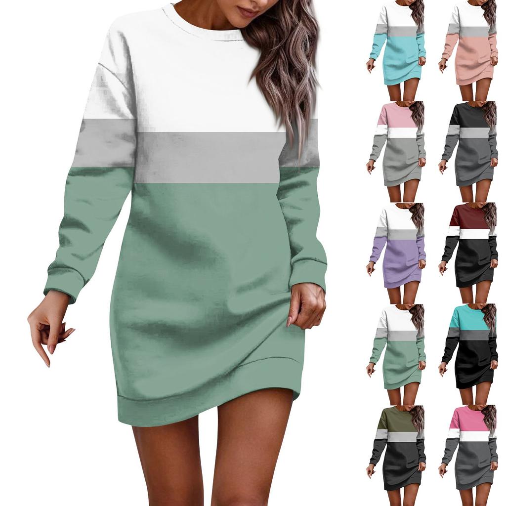 Women's Round Neck Striped Patchwork Printed Long Sleeve Hip Dress Sweatshirt Dresses