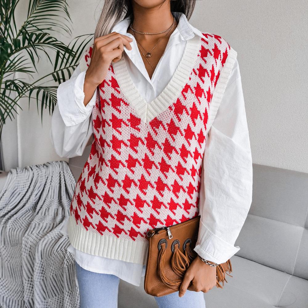 Women's Autumn and Winter V-neck Chibi Check Casual Loose Knitted Sweater Vest