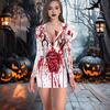 Women Dress Bloodstain Skeleton Spider Print V Neck Nurse Cosplay Long Sleeves Haunted