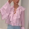 Fashion Style New Arrival Fashion Ruffles V-neck Flared Sleeves Shirt Tops Lotus Leaf Collar Shirt